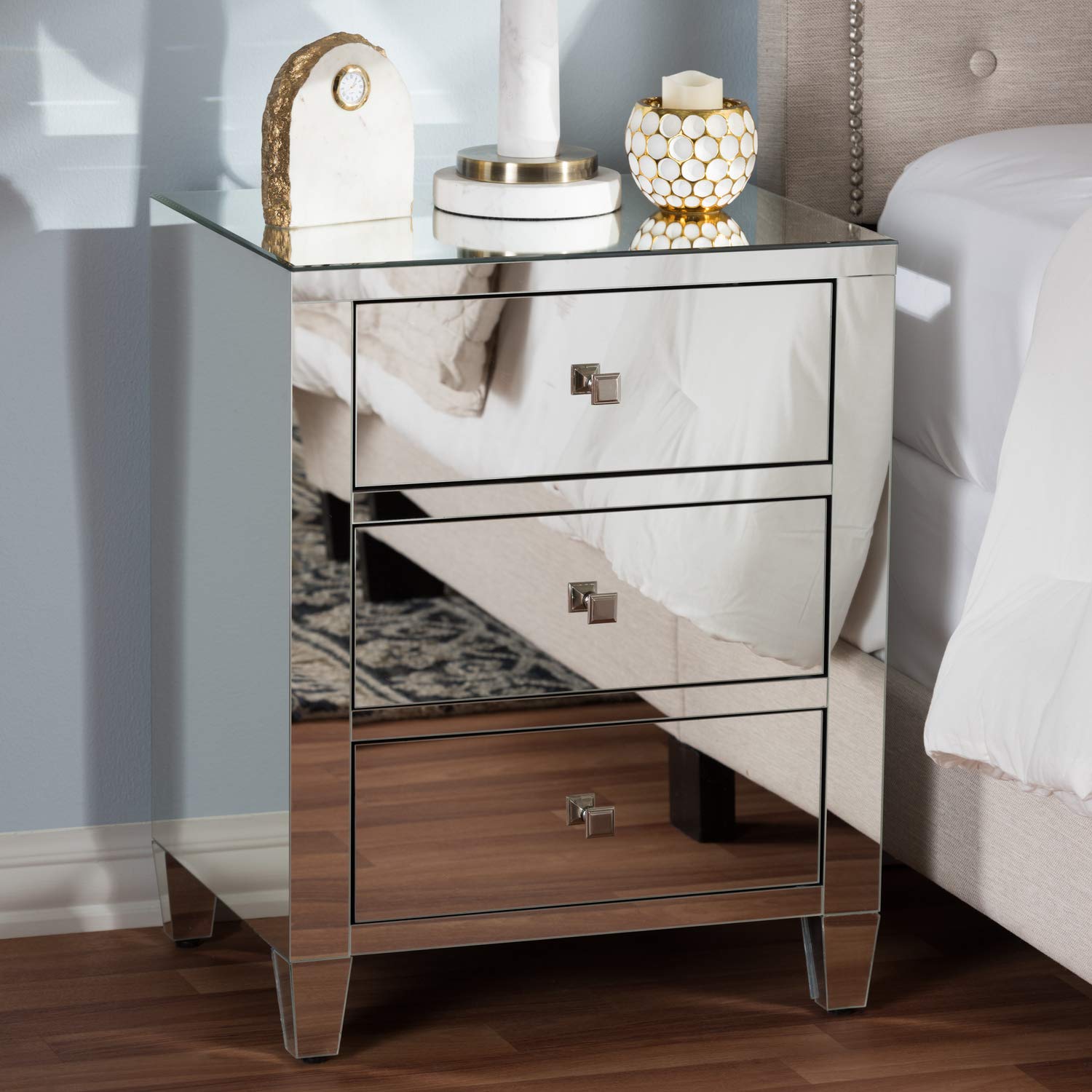 Baxton Studio Rosalind Hollywood Regency Glamour Style Mirrored 3-Drawer Nightstand Glam/Silver Mirrored/MDF